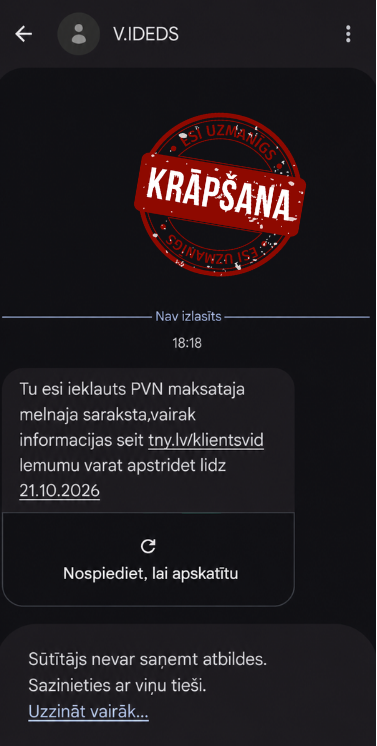 Vizuāls piemērs krāpšanai ar sms starpniecību