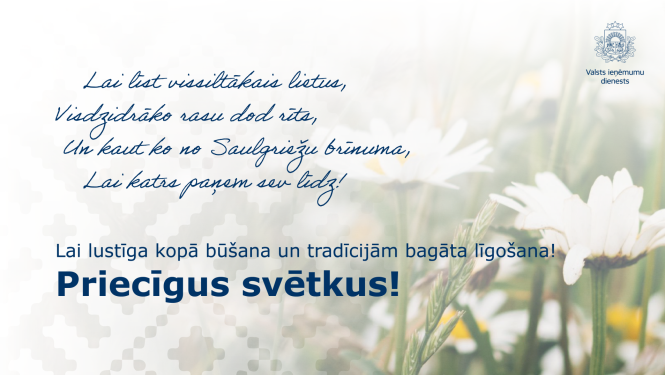 Fonā ziedu pļava, priekšplānā pantiņš un apsveikums Līgo svētkos!