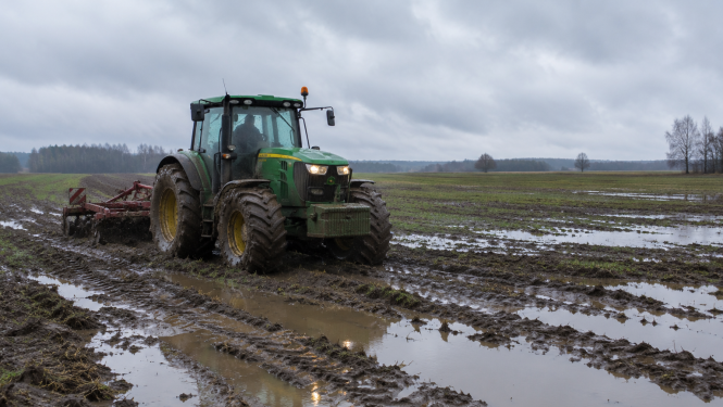 Dubļains traktors pielijušā laukā