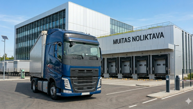 Kravas auto izbrauc no Muitas noliktavas (MI ģenerēts attēls)