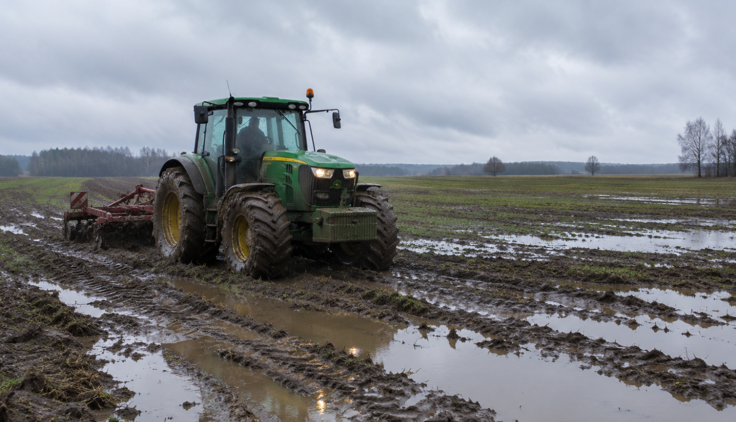Dubļains traktors pielijušā laukā