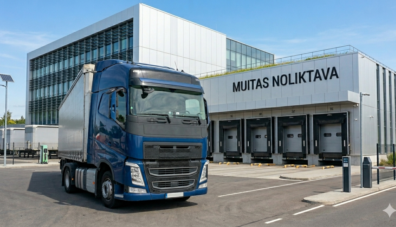 Kravas auto izbrauc no Muitas noliktavas (MI ģenerēts attēls)