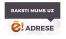 Teksts uz pelēka fona ar baltiem burtiem "Raksti mums uz", zem viņa e-adreses logo "e-adrese". 