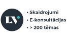 Uz balta fona kreisajā pusē pelēks aplis, aplī balti burti "LV". Labajā pusē teksts, "Skaidrojumi, konsultācijas, 200 tēmas".