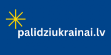 Uz zila fona dzeltena, grafiska saule, teksts palidziukrainai.lv