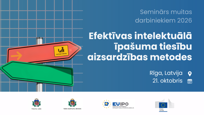 Semināra vizuālis, balts teksts uz zila fona, lasīt zemāk tekstā