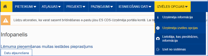 ES muitas lēmumu sistēmas (CDS), portāla izvēlnes “IZVĒLES OPCIJAS” sadaļa “Uzņēmēja izvēles opcijas”   ekrānšāviņš