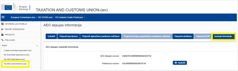 Attēls "AEO atļaujas informācija" vizuālais attēlojums