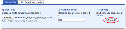 Papildu veids, kā XLSX formāta datni pārveidot XLS formātā, ir izmantot kādu no internetā brīvi pieejamiem datņu pārveidotājiem, kur iespējams norādīt pārveidojamo datni un formātu, uz kuru nepieciešams pārveidot, šajā gadījumā uz XLS. Piemēram, tīmekļa adresē http://www.freefileconvert.com/ ir piedāvāta šāda datņu pārveidošanas iespēja (skat. piemēru attēlā):