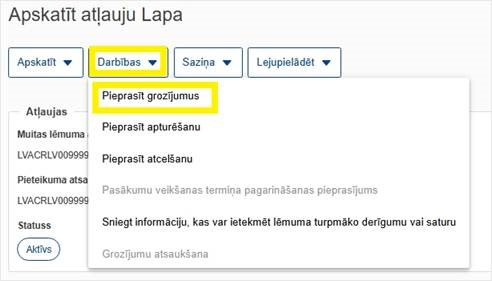 Attēls "Apskatīt atļauju, Pieprasīt grozījumus"
