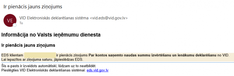 Ekrānuzņēmums, saņemts e-pasts 