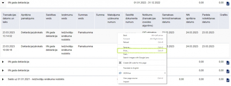 Ar labo peles pogu klikšķiniet uz detalizētās informācijas un izvēlieties “Print”