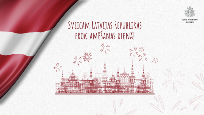 Kreisajā pusē Latvijas karogs, pa vidu grafisks zīmējums un teksts