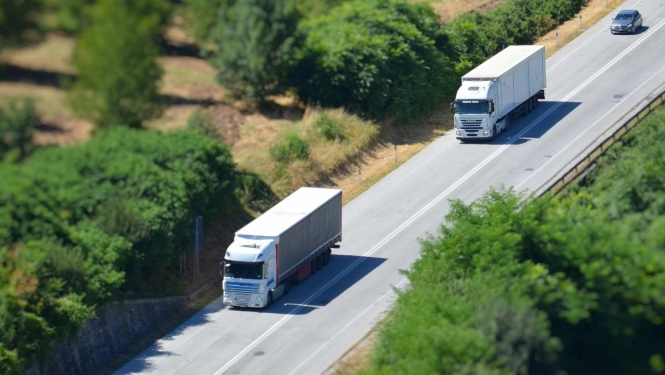 Uz lielceļa braucošas 2 kravas automašīnas