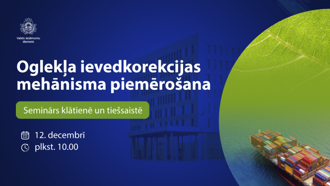 Semināra vizuālis, teksts un fonā kuģis ar kravu