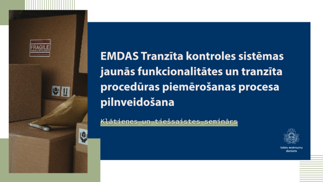 Semināra vizuālis, balts teksts uz zila fona, kreisajā stūrī kartona kastes