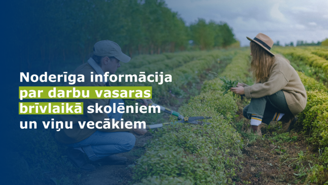 kreisajā pusē teksts, fonā divi cilvēki strādā uz lauka