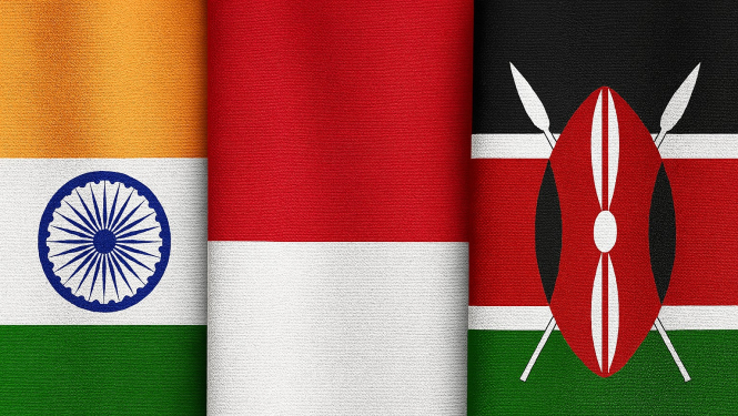 Indijas, Indonēzijas un Kenijas karogi