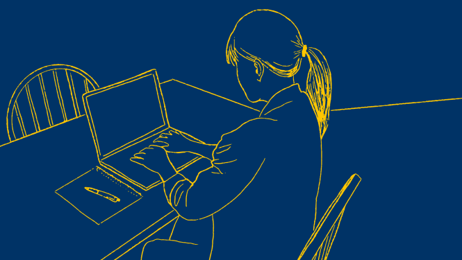 Grafisks attēls: Sieviete sēž pie galda uz kura ir atvērts portatīvais dators