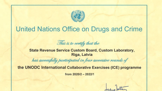 ANO Narkotiku un noziedzības apkarošanas biroja atzinības sertifikāts VID Muitas laboratorijai