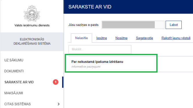Ekrānuzņēmums EDS paziņojums "Par nekustamā īpašuma izīrēšanu"