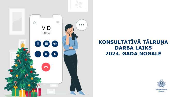 Grafisks telefona ekrāns, vienā pusē sieviete, otrā svētku eglīte, teksts Konsultatīvā tālruņa darba laiks 2024.gada nogalē