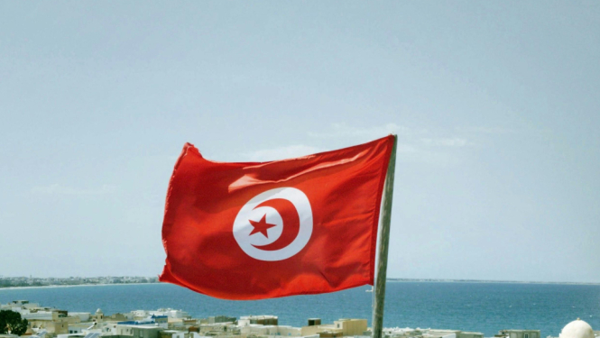 Tunisijas karogs fonā krasta līnija ar skatu uz ūdeni