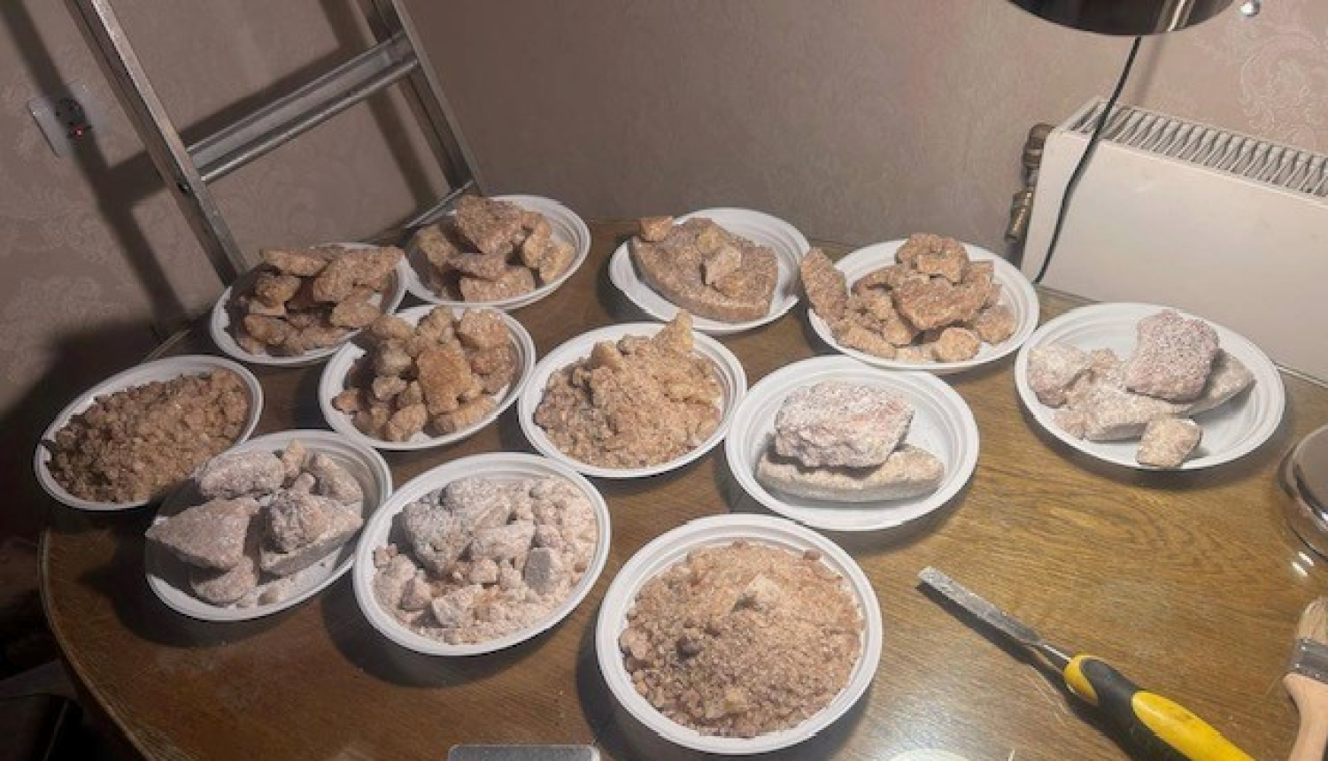 Uz galda 12 vienreizējie šķīvji ar dažādām narkotiskajām vielām 