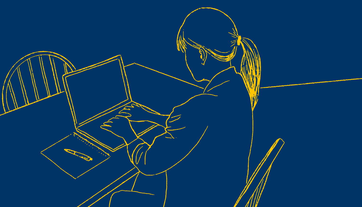 Grafisks attēls: Sieviete sēž pie galda uz kura ir atvērts portatīvais dators