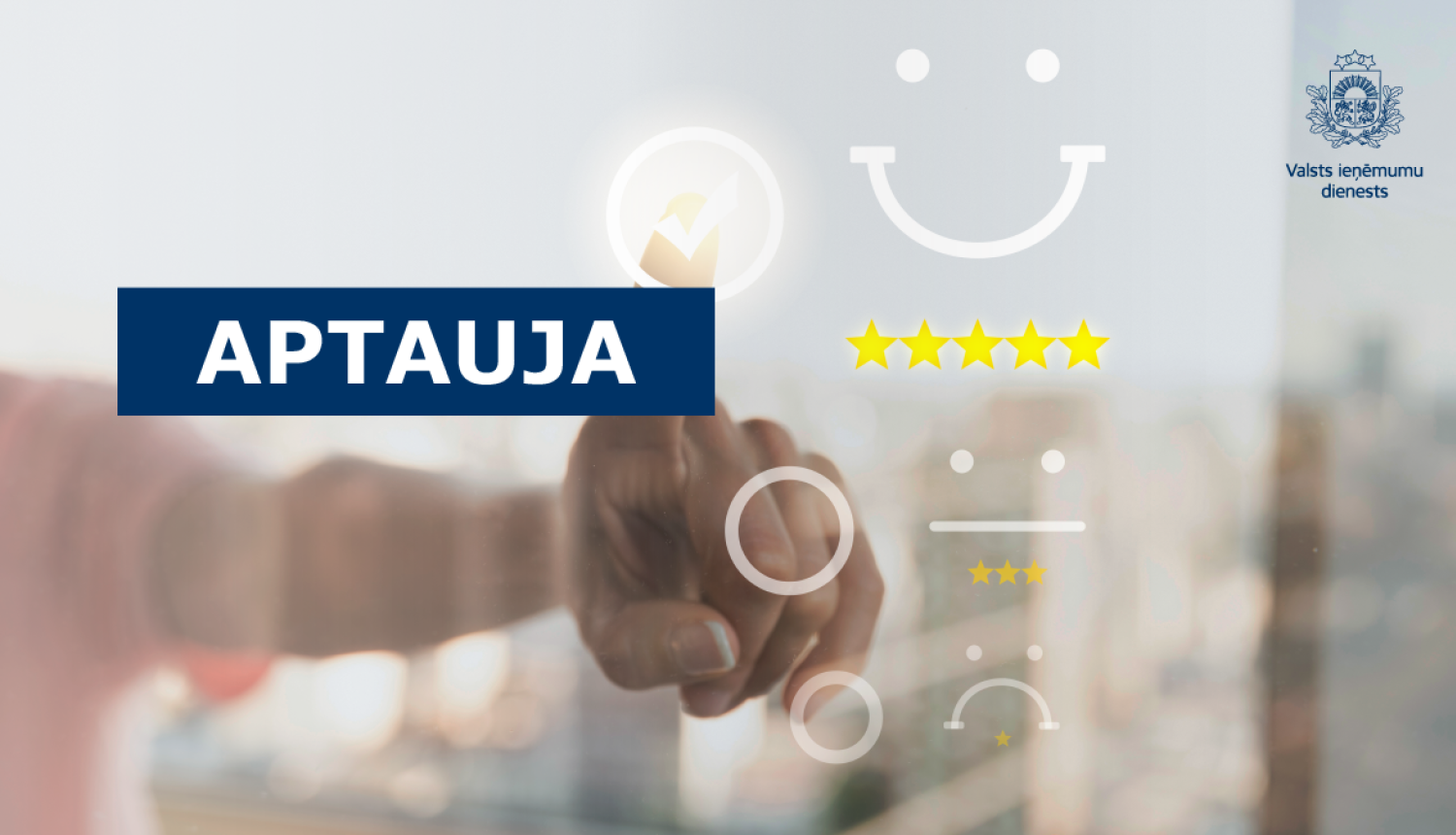 Vizuālais attēls ar tekstu "Aptauja" un roku, kas zīmē uz stikla