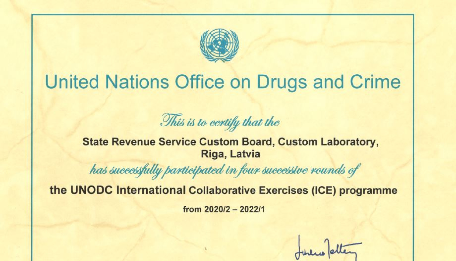 ANO Narkotiku un noziedzības apkarošanas biroja atzinības sertifikāts VID Muitas laboratorijai