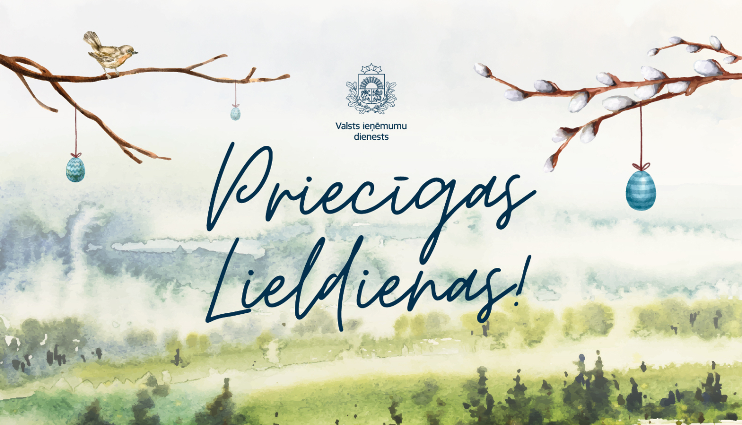 Teksts "Priecīgas Lieldienas" uz pļavas fona