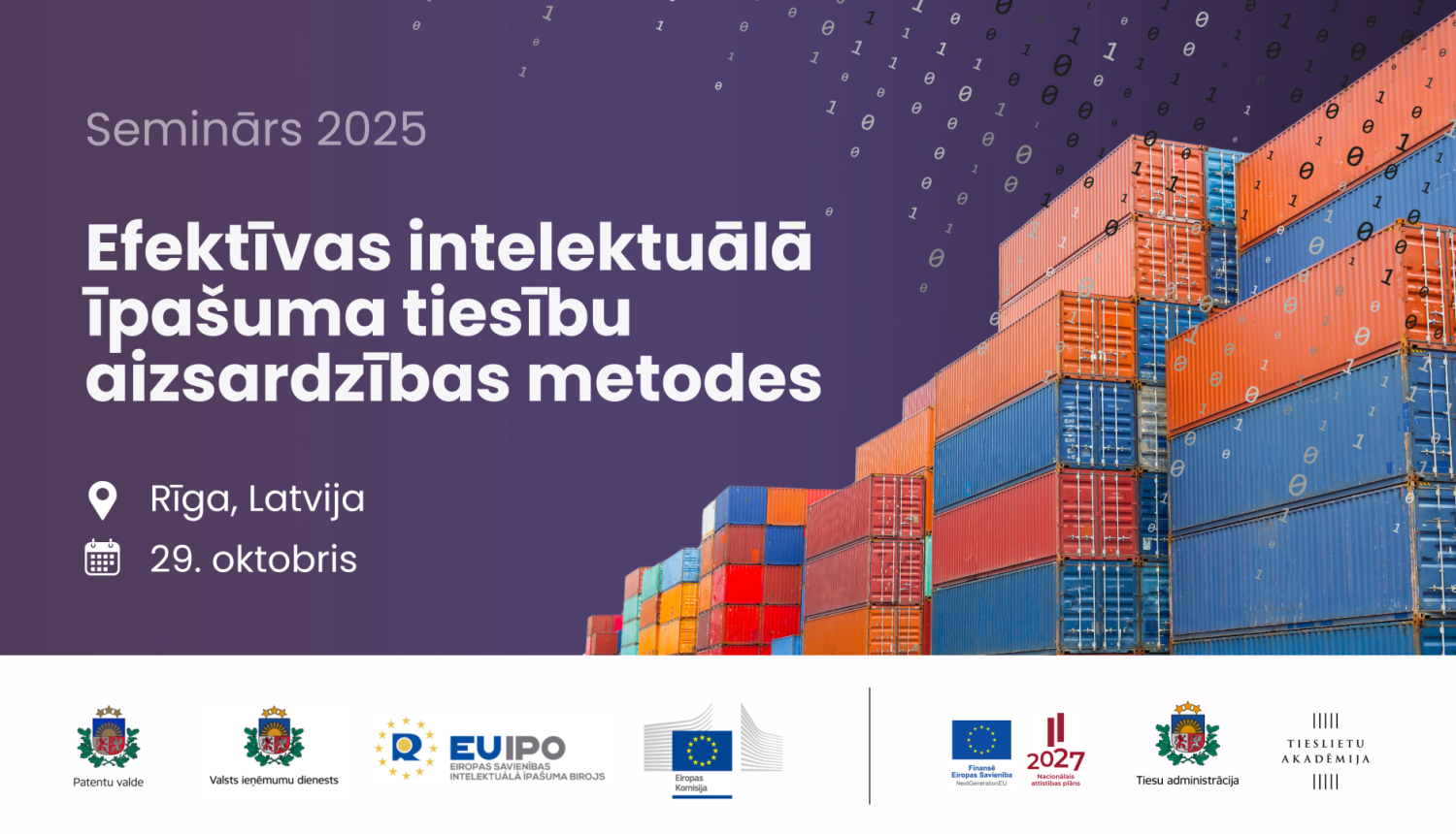 Krāsaini kravu konteineri un teksts par pasākuma vietu, laiku, nosaukums