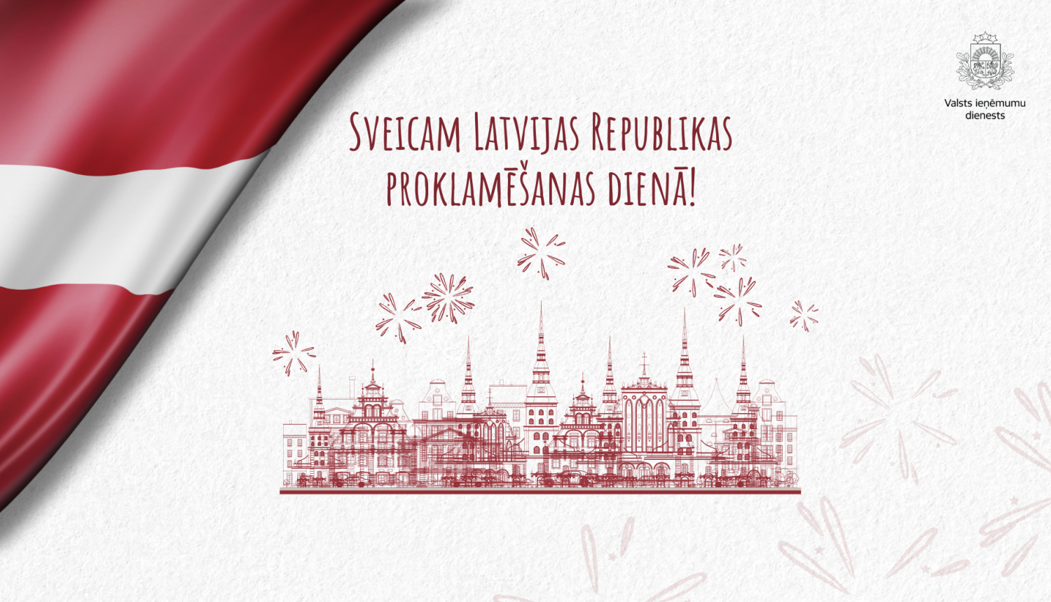 Kreisajā pusē Latvijas karogs, pa vidu grafisks zīmējums un teksts