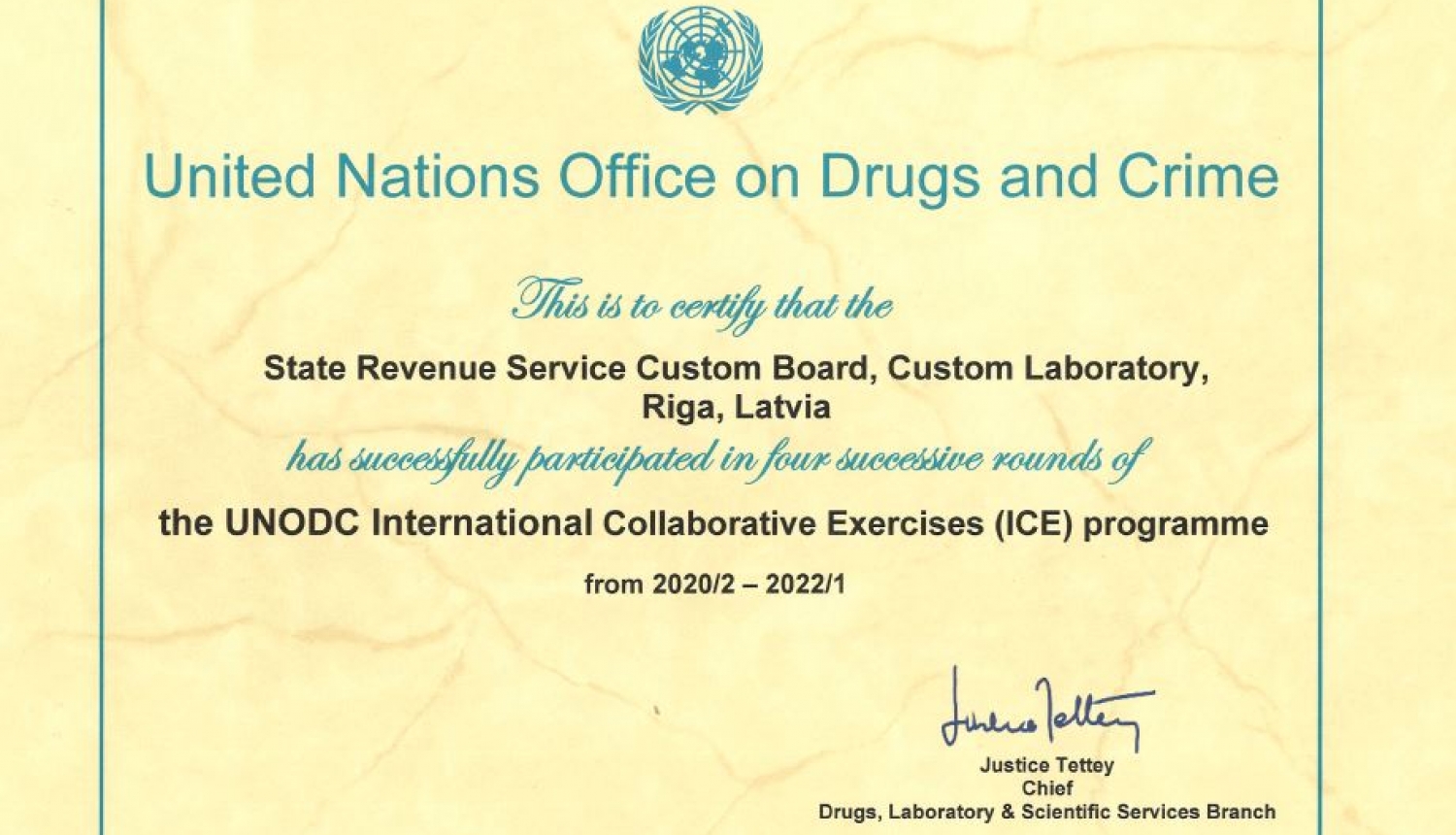 ANO Narkotiku un noziedzības apkarošanas biroja atzinības sertifikāts VID Muitas laboratorijai