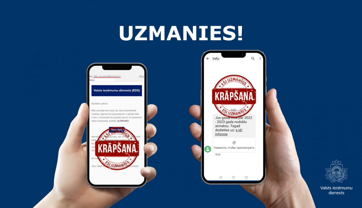 Informatīvs attēls, rokā paņemts mobilais telefons, ekrānā lasāma informācija par krāpšanu